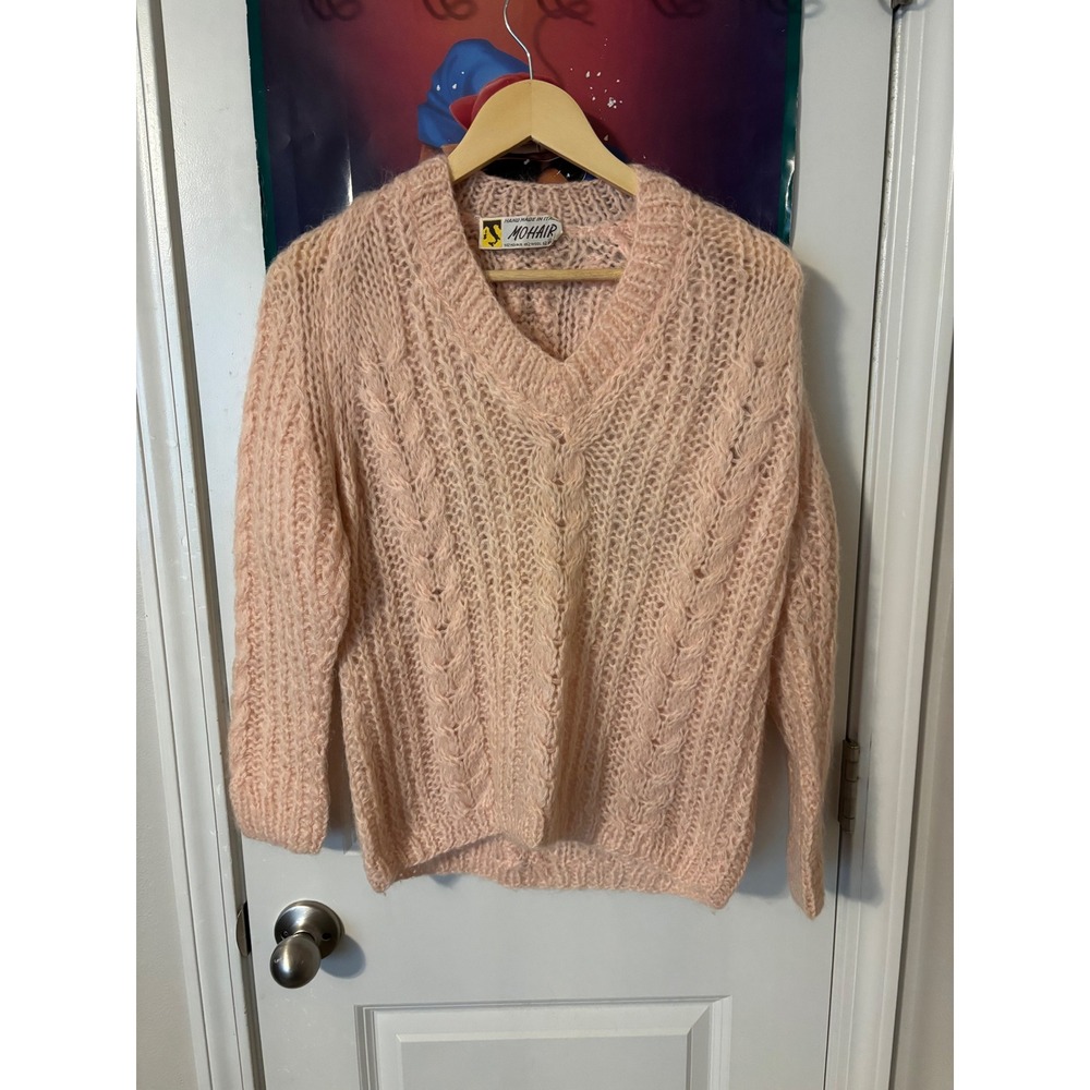 Mohair Sweater V-Neck Cable Knit Fuzzy Soft Blush Pink Pullover Handmade Italy
